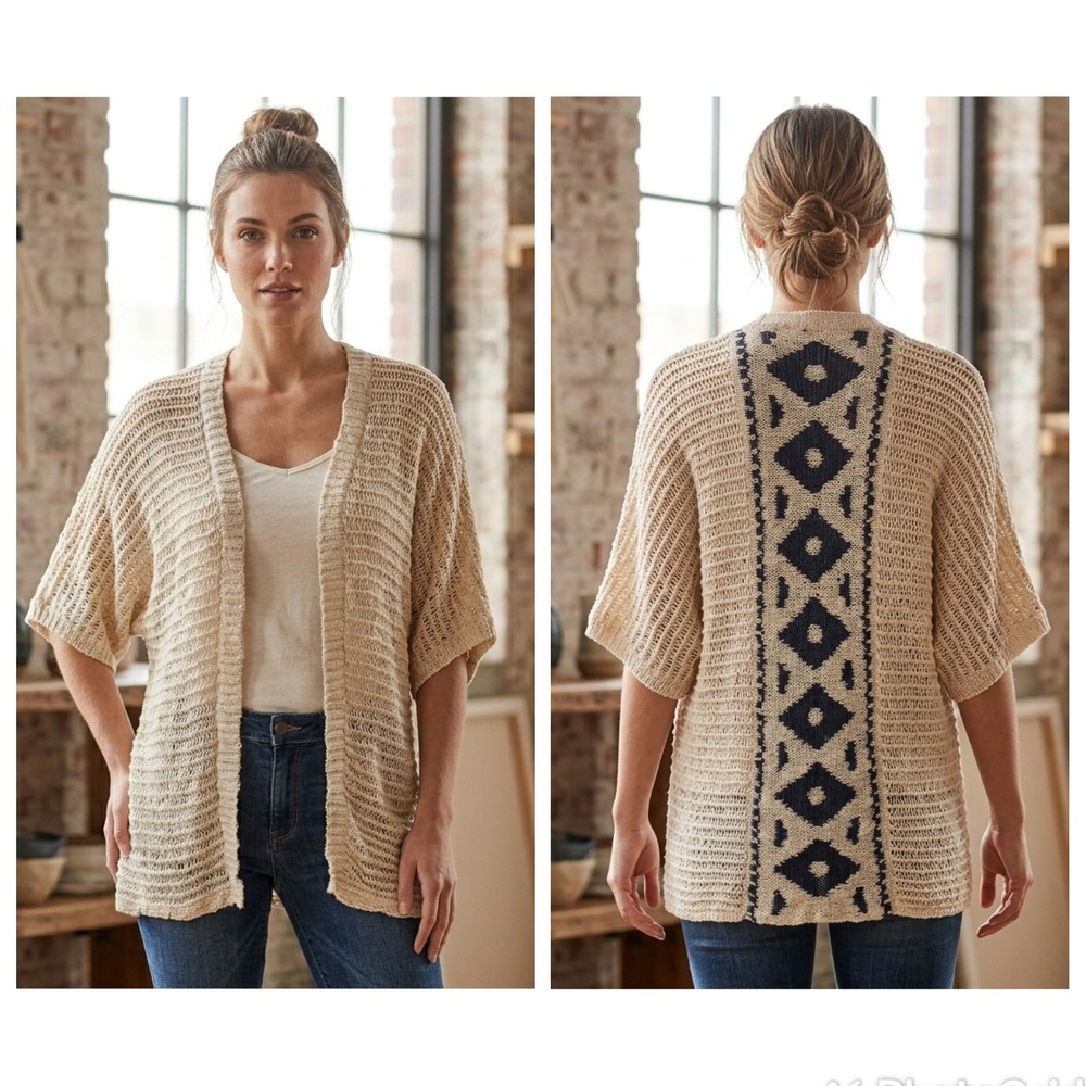 Sweet Journey Boho Cardigan Sweater Womens S Cream Blue Geometric Short Slv - Picture 1 of 8